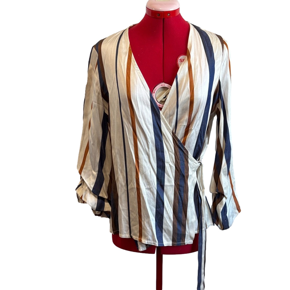 Elegant Striped Wrap Blouse Navy White Tan LL142